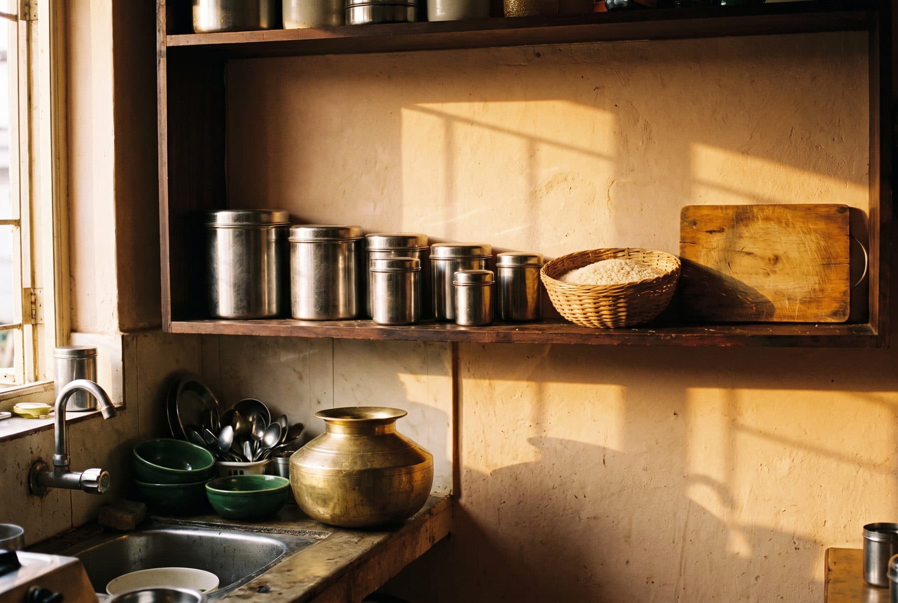 Steel canisters on a kitchen shelf in afternoon light